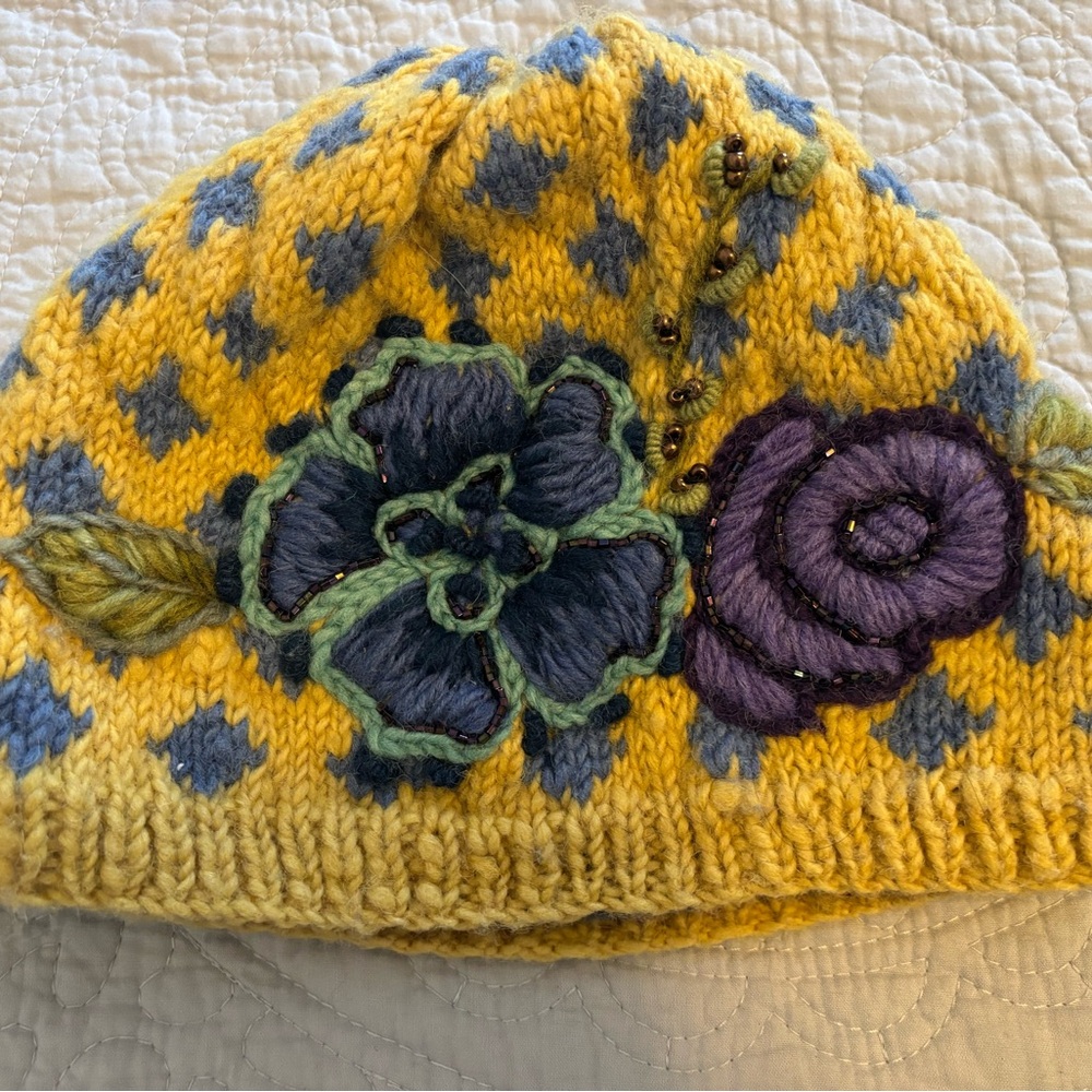French Knot Beaded Yellow with Flowers Wool Beanie